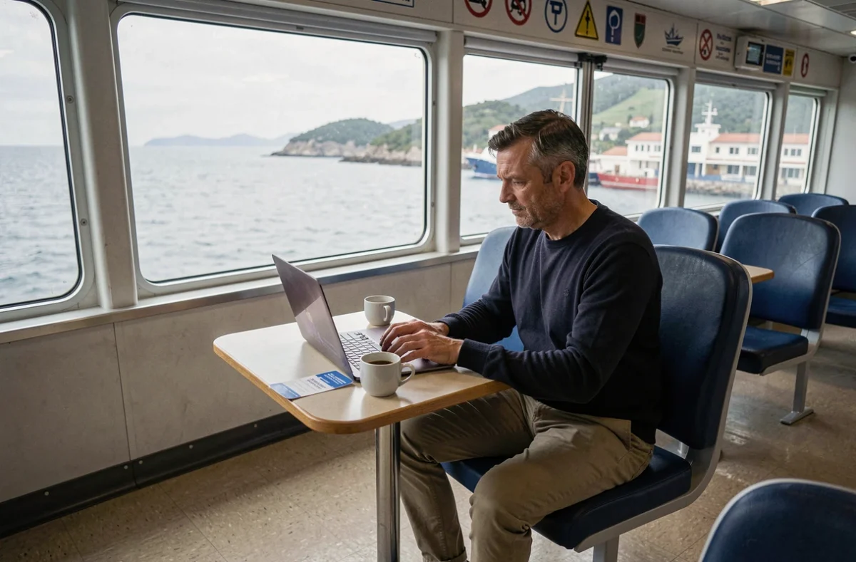 Homme réservant un ferry en ligne sur son ordinateur dans le salon d'un bateau traversant une côte européenne