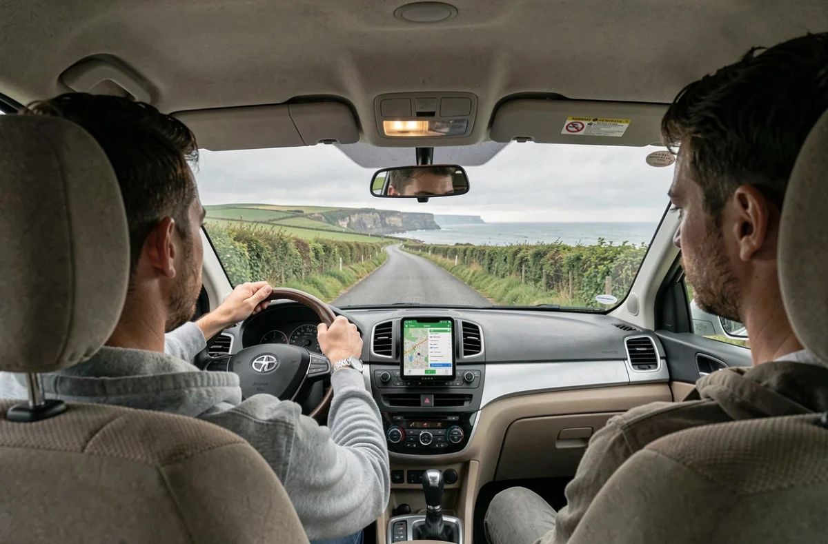 Conducteur dans une voiture de location roulant sur une route côtière irlandaise verdoyante lors d'un voyage économique