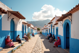 Rue morocaine traditionnelle avec maisons blanches et bleues