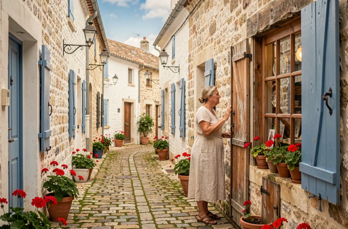 Ruelle typique de La Cotinière avec maisons blanches aux volets bleus et géraniums en fleurs sur l'île d'Oléron