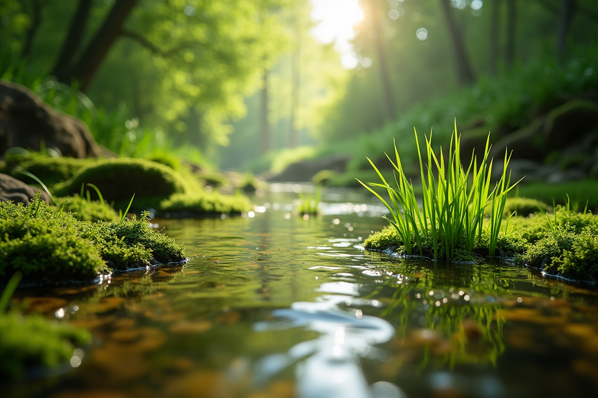 Ruisseau sauvage avec plantes aquatiques vertes