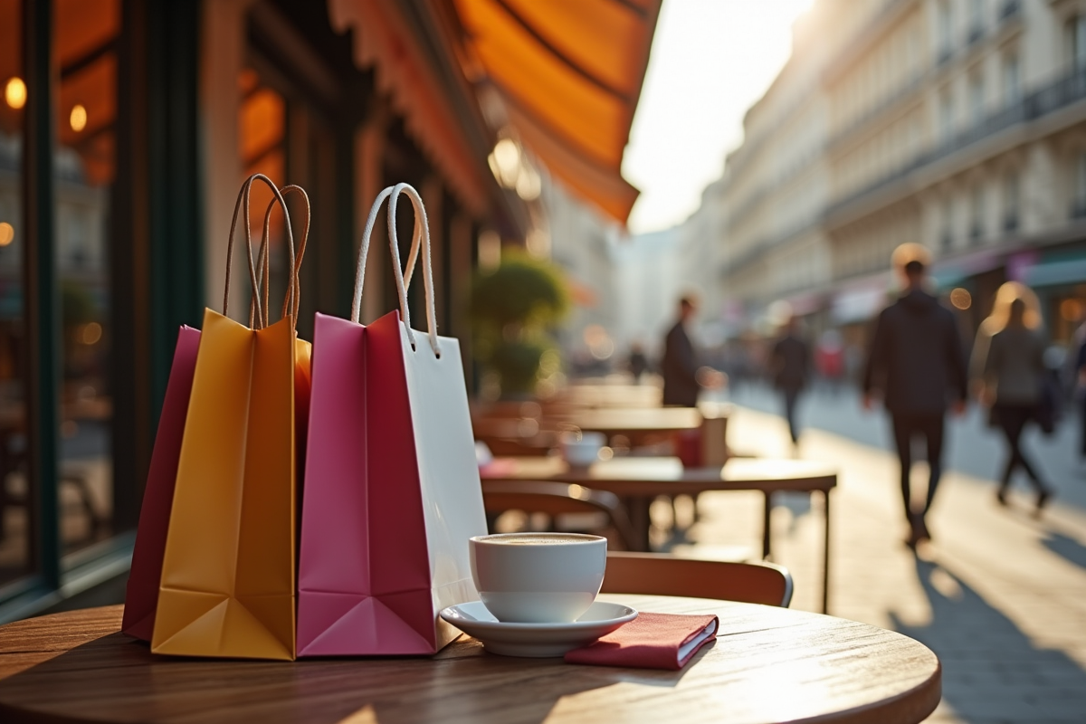 Sacs de shopping sur une table de café parisien ensoleillé