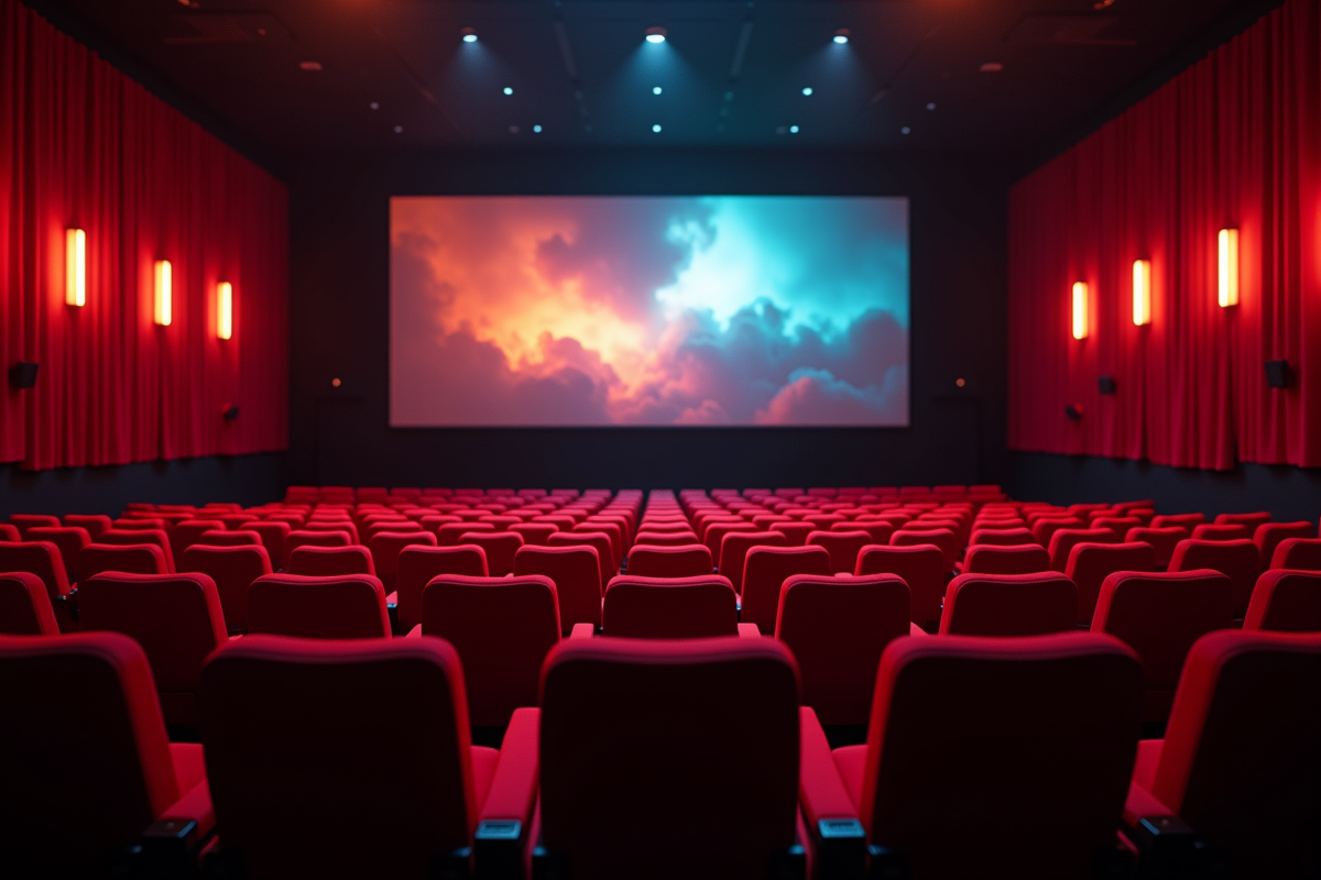 Salle de cinéma vide avec sièges rouges et écran lumineux