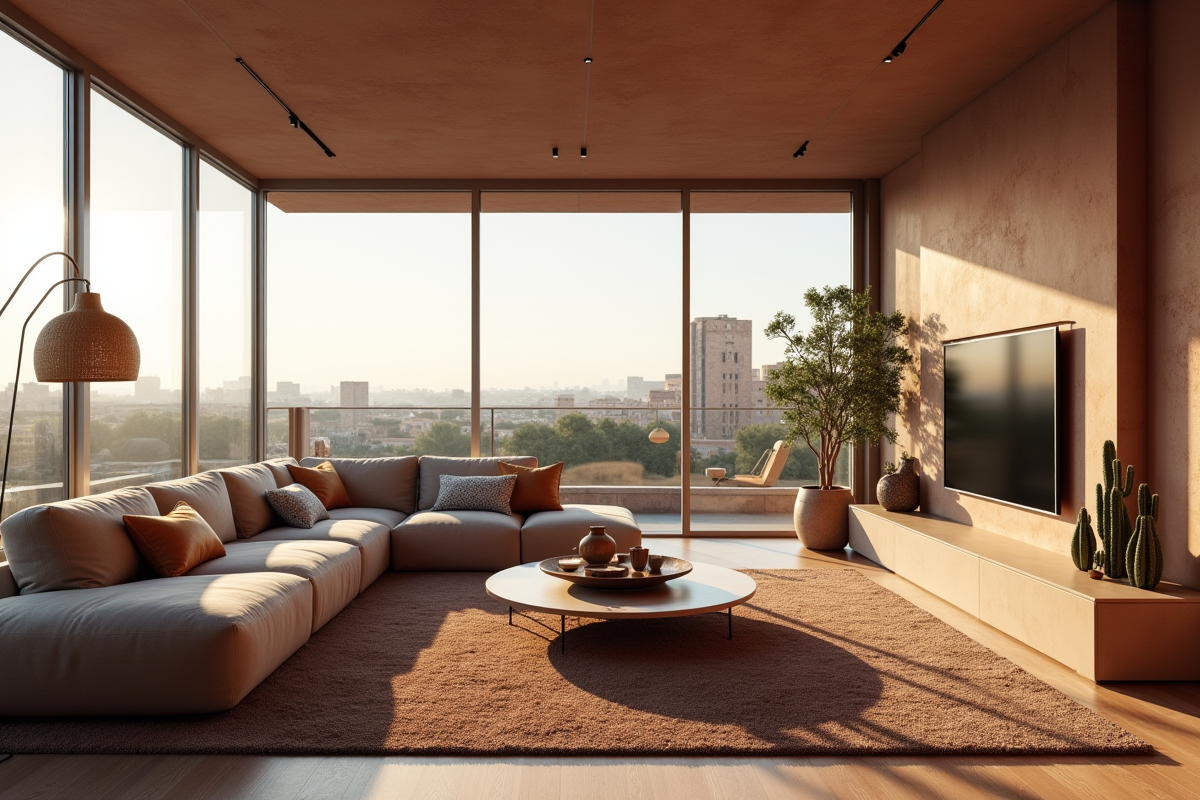 Salon élégant avec vue panoramique sur Marrakech intérieur