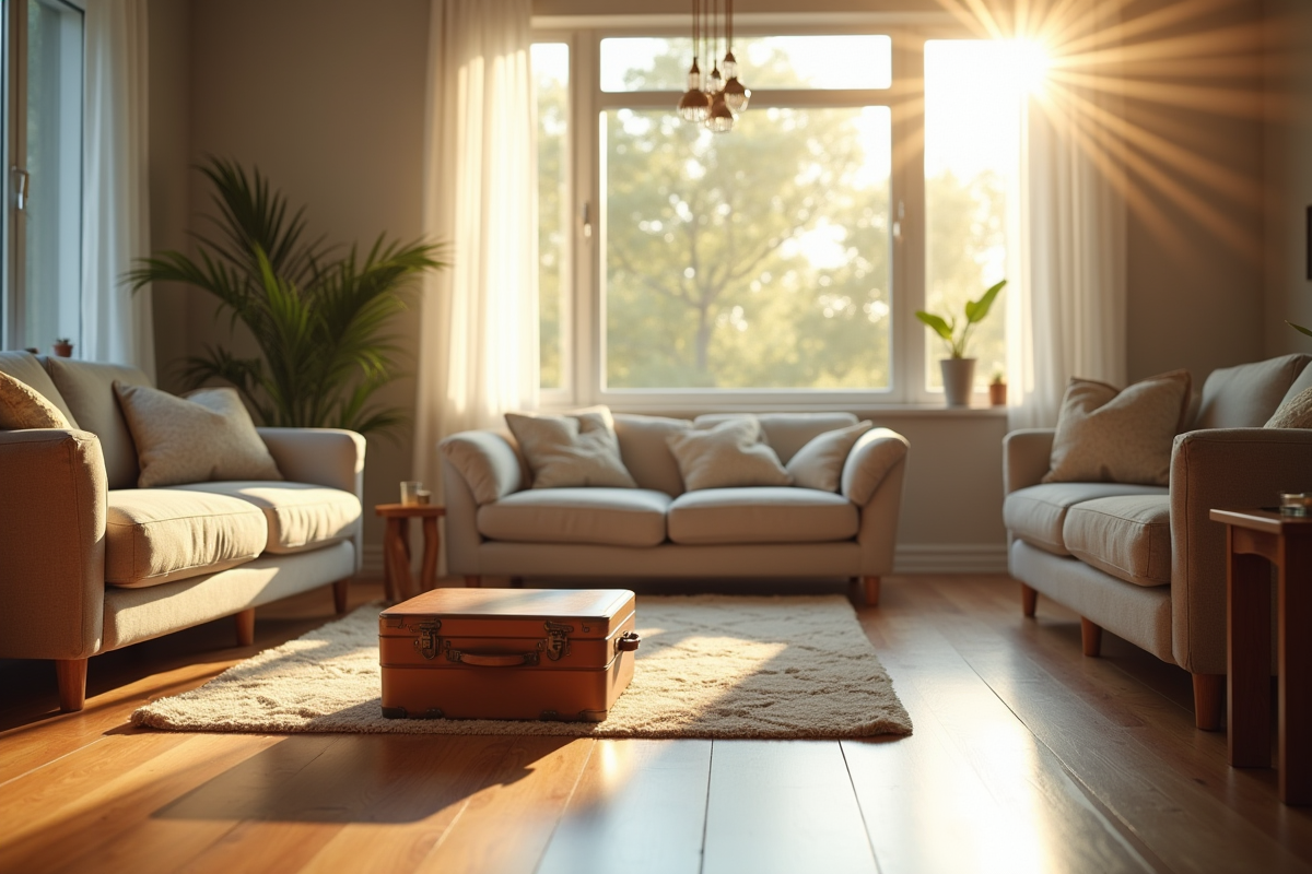 Salon moderne et cosy dans une location de vacances lumineuse