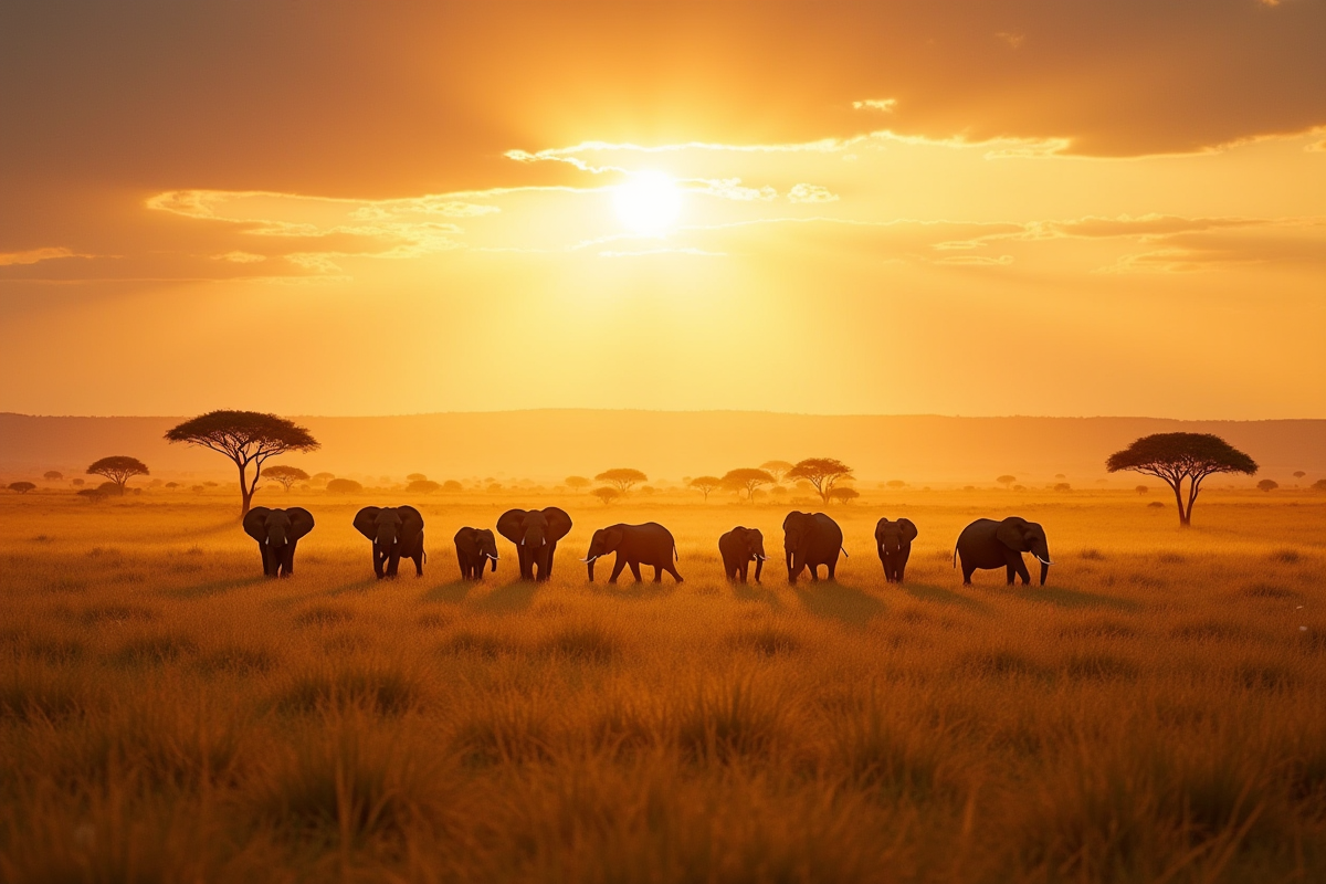 Paysage de la savane africaine au lever du soleil avec éléphants