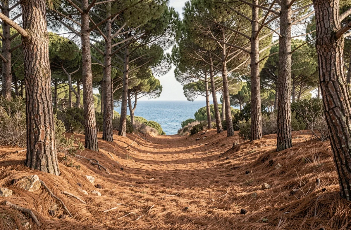 Sentier forestier désert à travers les pins de l'île de Porquerolles en hiver, avec vue sur la mer Méditerranée au loin