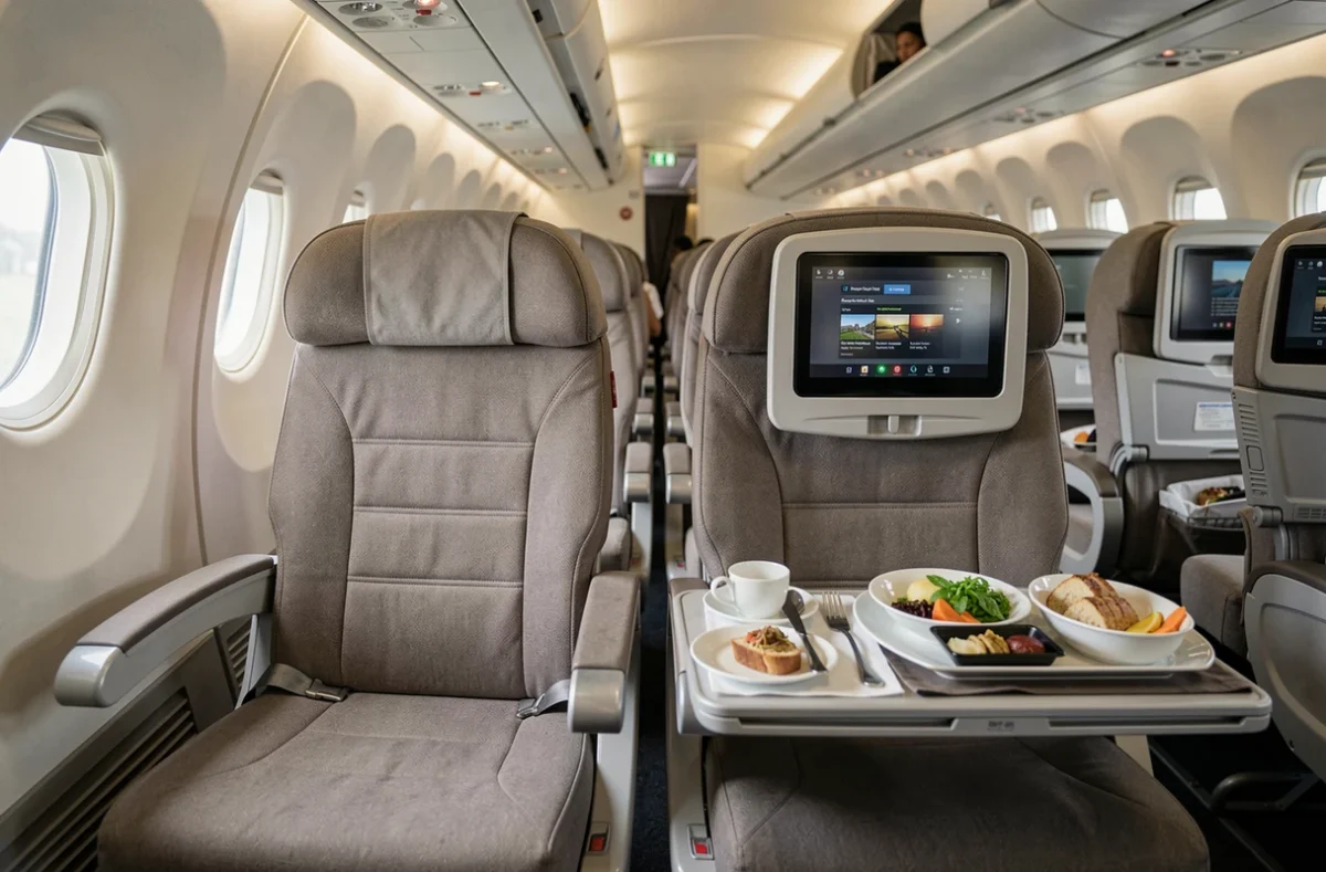 Comparaison de sièges en cabine avion entre compagnie low-cost et compagnie classique avec service repas