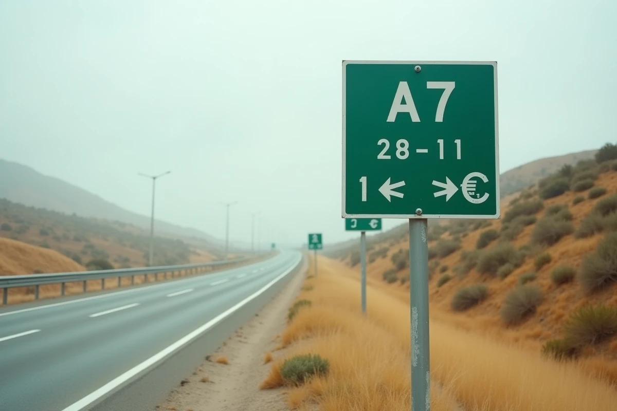 Panneau signalétique autoroutier espagnol indiquant un tronçon payant avec symbole de péage