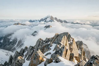 Sommet enneigé d'une montagne colossale émergeant des nuages dans un paysage alpin sauvage et minéral