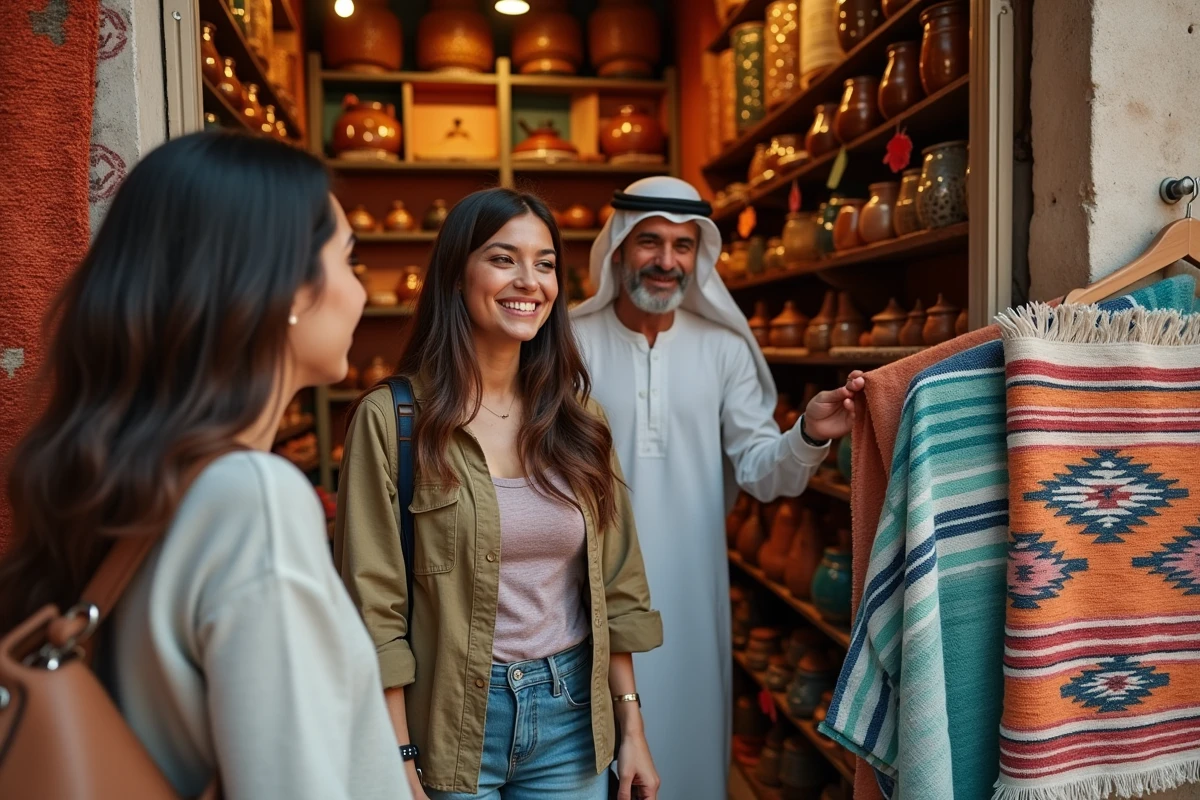 Voyageurs découvrant un souk artisanal à Tanger avec des tapis berbères des céramiques et des lanternes en cuivre