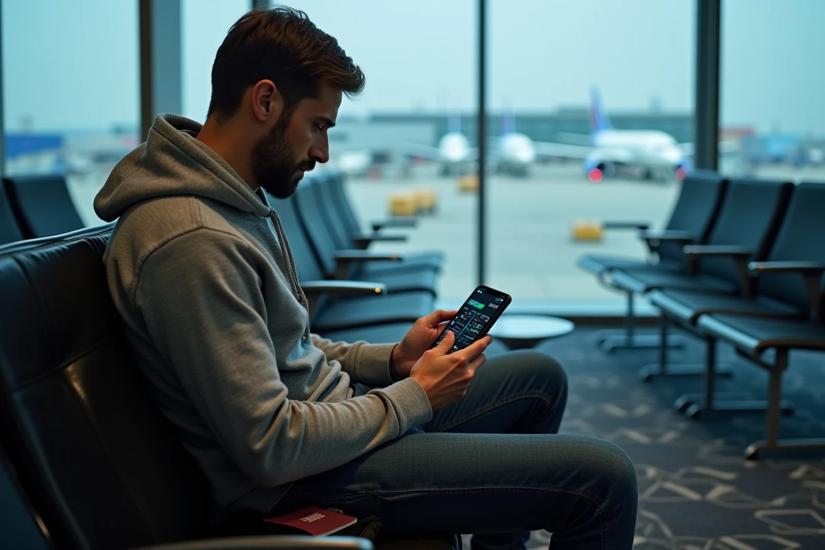 Passager consultant une application de suivi de vol en temps réel sur smartphone dans un aéroport