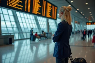 Femme consultant un tableau de départs d'aéroport affichant des codes et couleurs de vol en direct