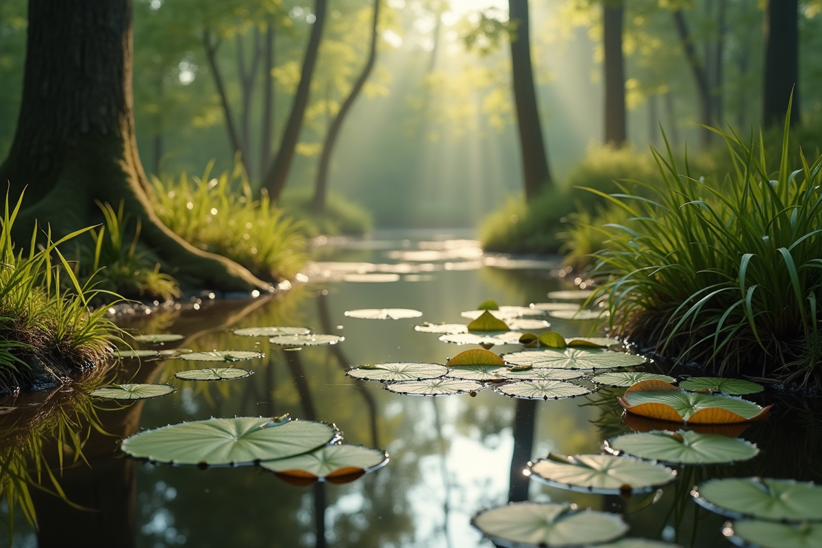 Étang en forêt avec plantes aquatiques au midi