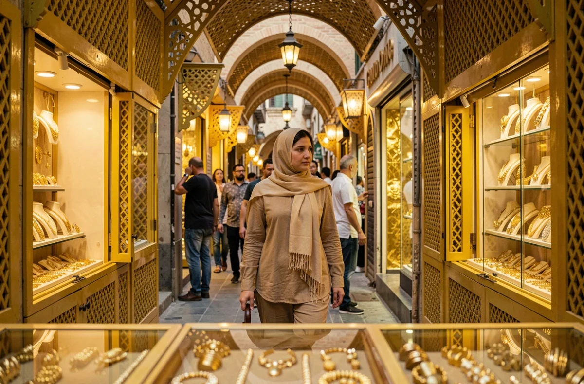Touriste en tenue vestimentaire modeste visitant le souk de l'or de Deira Dubaï