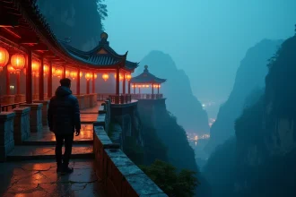 Voyageur contemplant les pics karstiques de Tianmen Zhangjiajie la nuit depuis un belvédère illuminé de lanternes traditionnelles