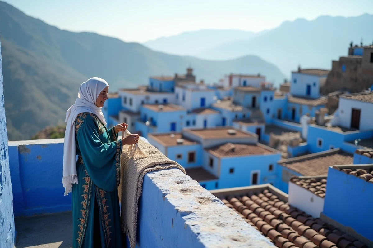 Toits bleus de la médina de Chefchaouen avec femme en kaftan traditionnel et montagnes du Rif en arrière-plan
