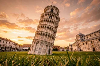Tour de Pise vue en contre-plongée au coucher du soleil avec un ciel orangé et rose sur la Piazza dei Miracoli