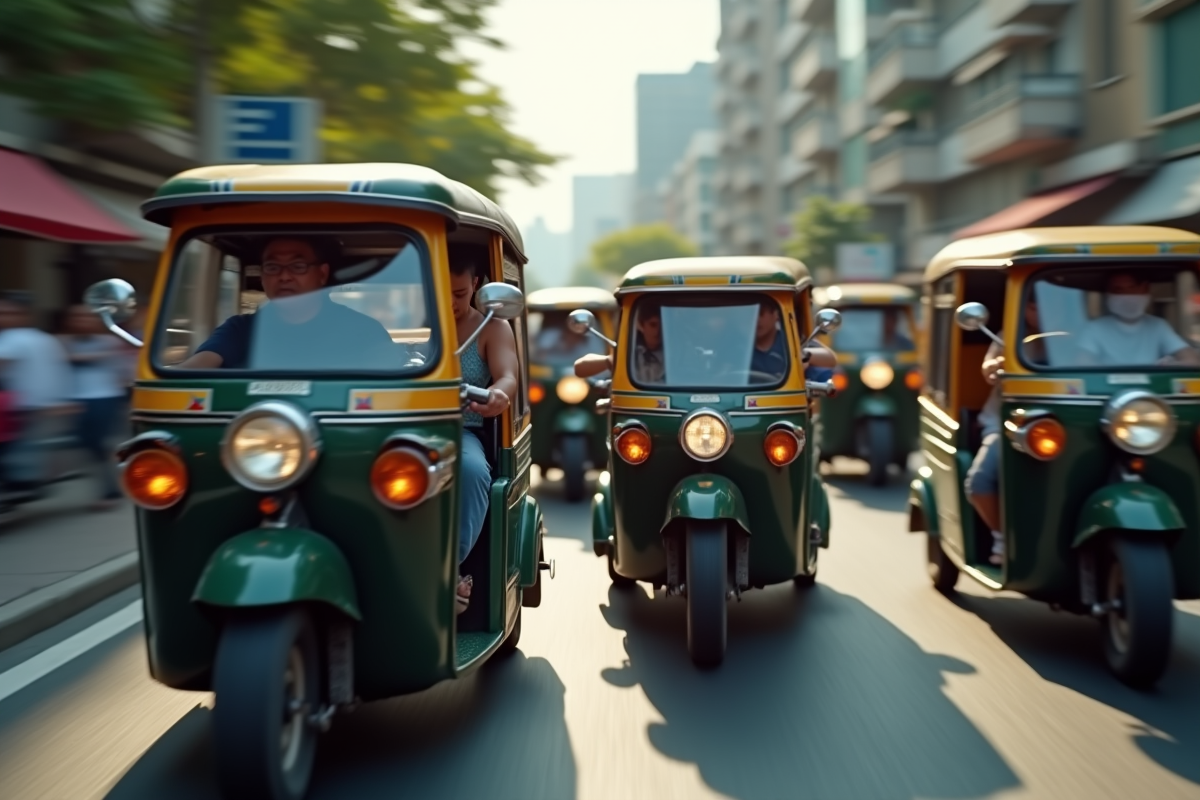 Rue urbaine bondée avec des tuk tuks en trafic