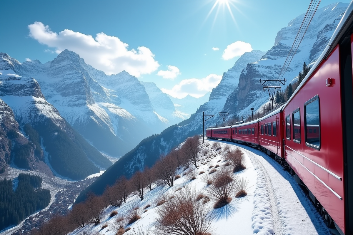 Train Glacier Express traversant les Alpes enneigees
