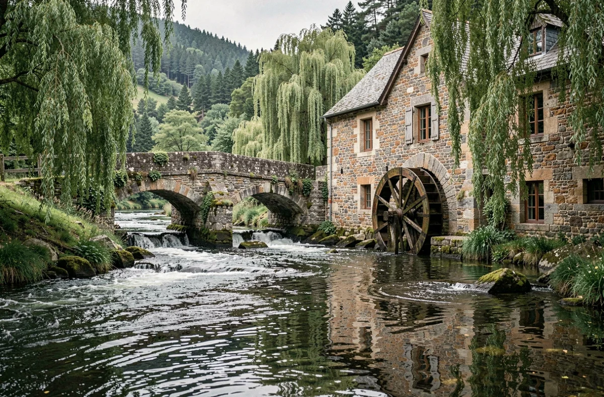 Traou Ar Vilin, chambre d'hôtes en moulin breton restauré avec roue à eau et ruisseau bordé de saules