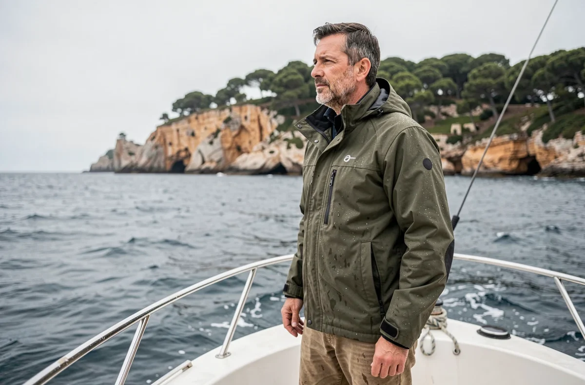 Homme sur un bateau approchant l'île de Porquerolles en hors saison, mer agitée et côte rocheuse en arrière-plan