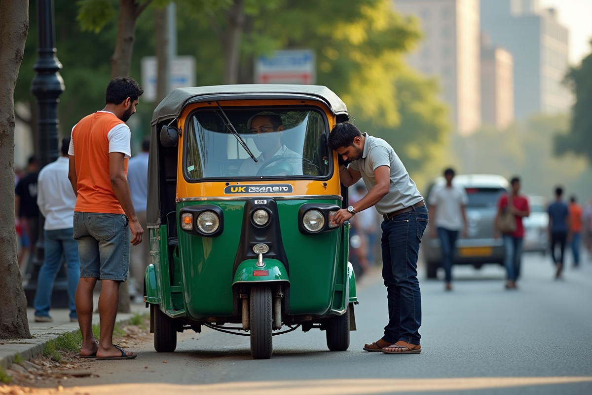 Tuk tuk en panne avec conducteur et passagers fatigués
