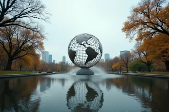 La sphère Unisphere en acier inoxydable dans le parc Flushing Meadows-Corona à Queens, avec le skyline de Manhattan visible en arrière-plan