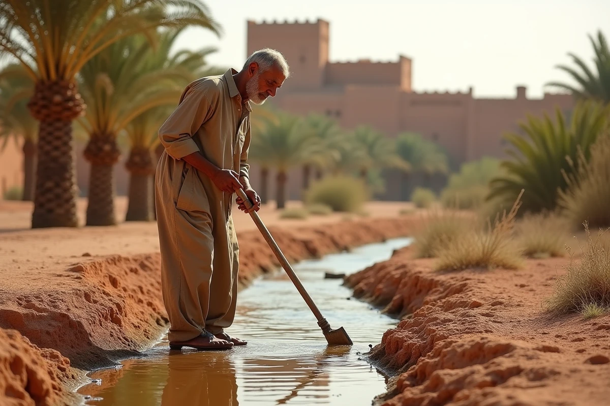 Vallée du Draa au Maroc avec palmeraie, kasbahs en pisé et agriculteur local travaillant les champs
