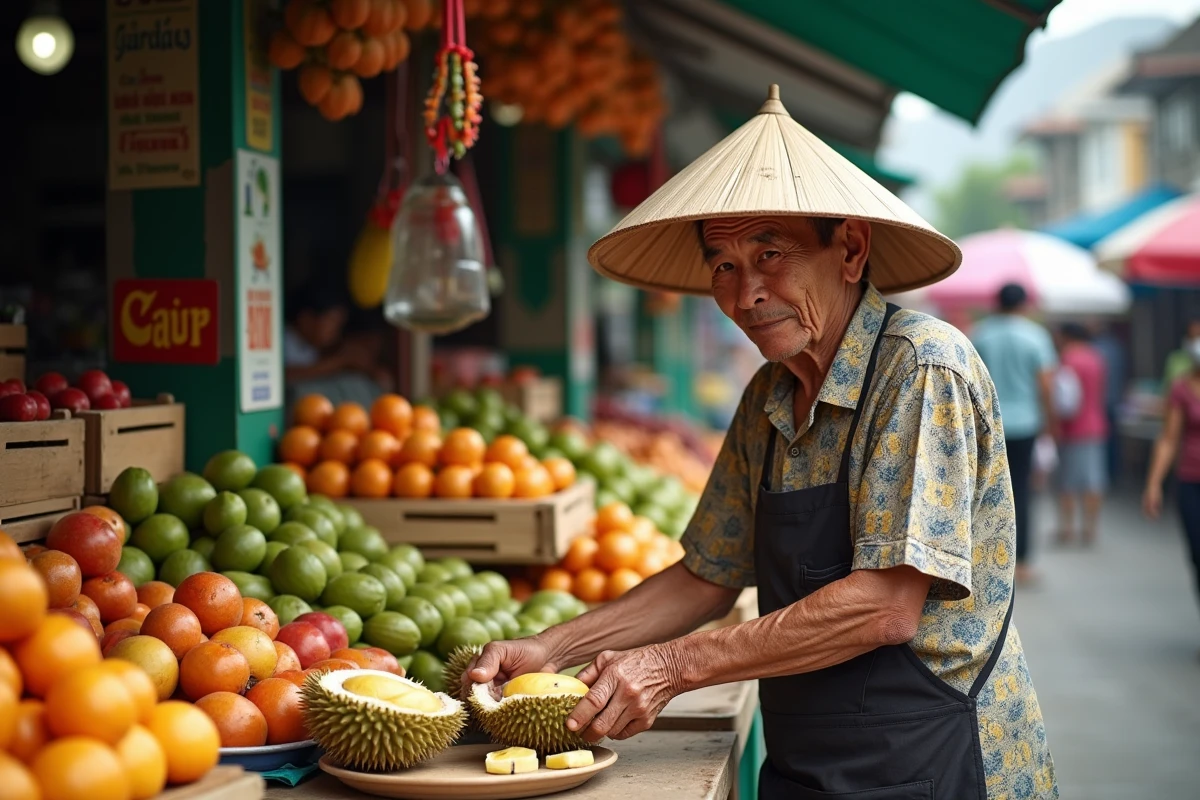 Vieux vendeur vietnamien coupant un durian au marché animé