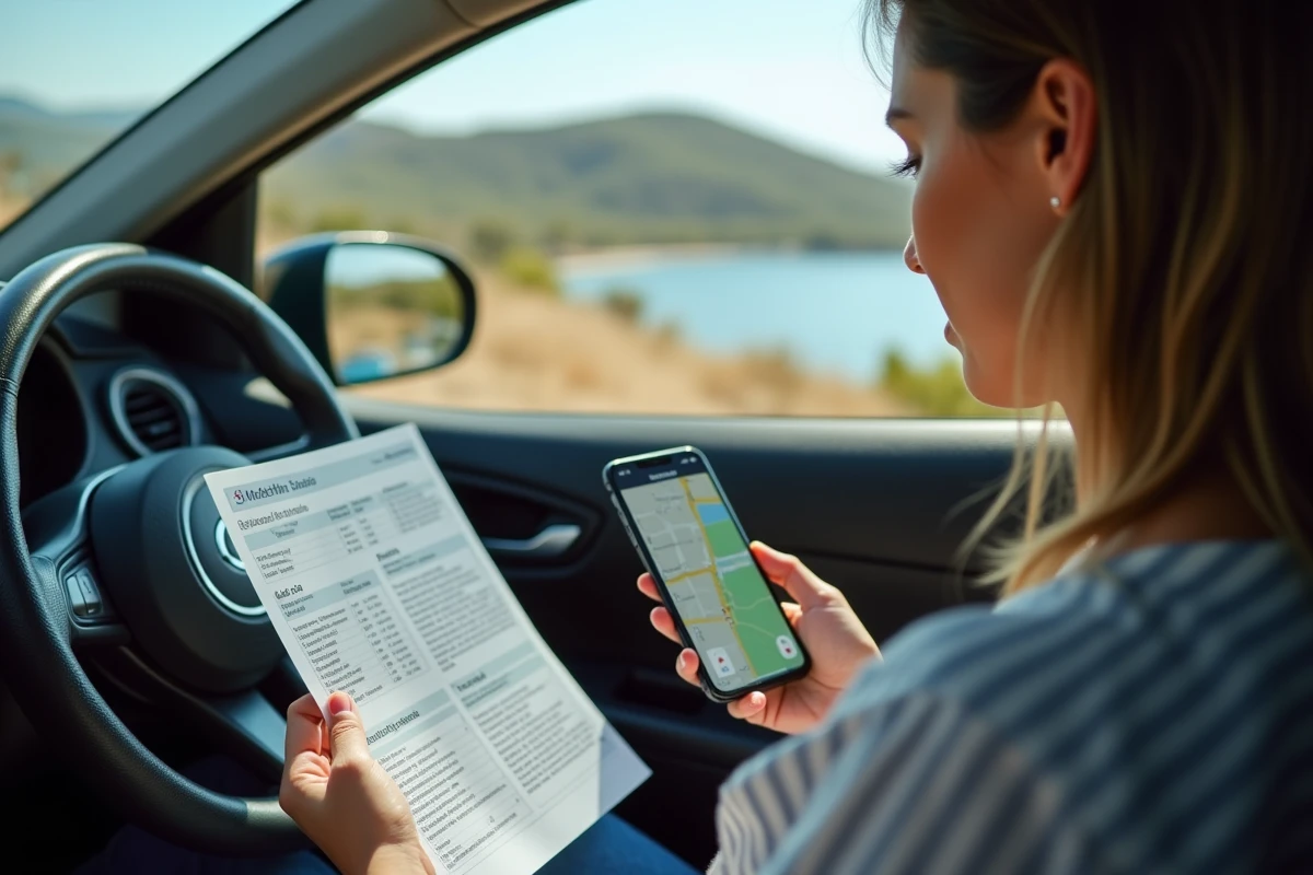 Femme dans une voiture comparant ViaMichelin et Mappy sur smartphone avec une feuille de trajet imprimée pour le parcours Ajaccio-Propriano