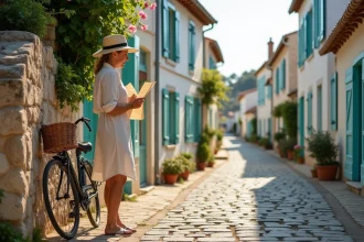 Rue pavée d'un village typique de l'île de Ré avec maisons blanches aux volets bleus et cycliste touristique consultant une carte