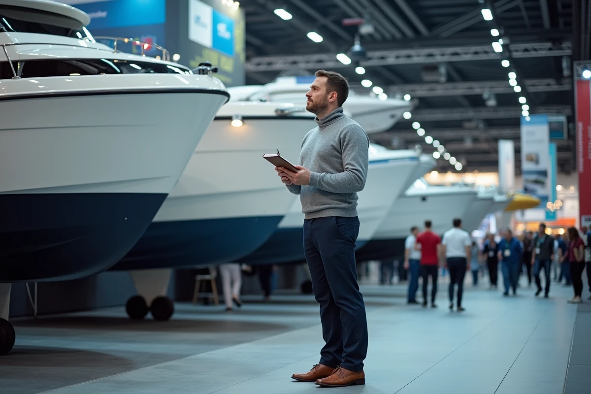 Visiteur prenant des notes devant des bateaux à moteur exposés au Salon nautique international de Paris, ambiance de salon professionnel