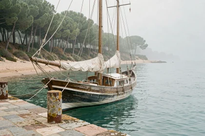 Voilier amarré au ponton désert de Porquerolles en dehors de la saison touristique, ambiance hivernale et mer calme