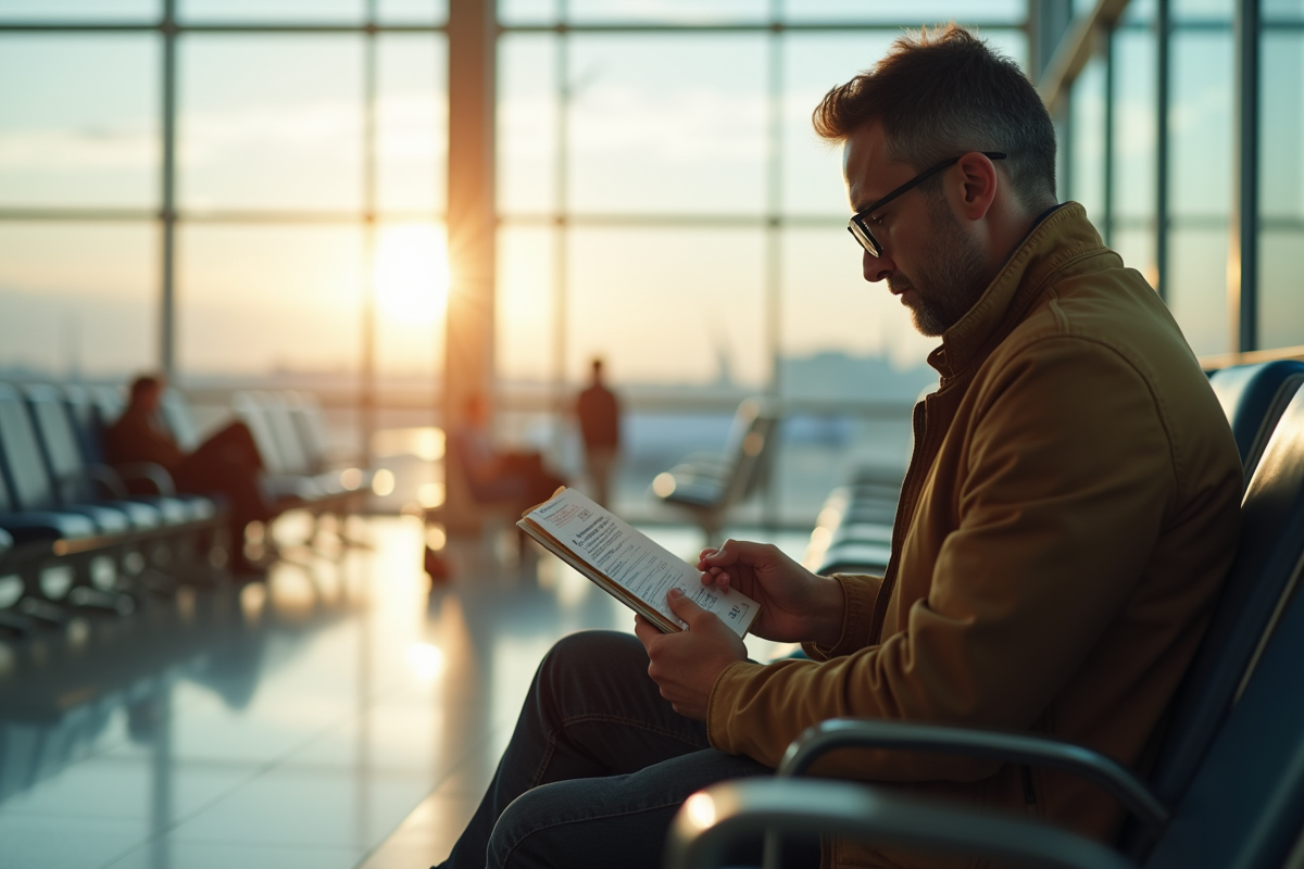 Voyageur anxieux dans une aire d'attente lumineuse à l'aéroport