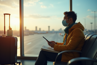 Voyageur assis près d une fenêtre d aéroport portant un masque médical
