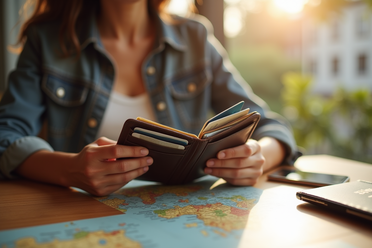 Personne au cafe avec portefeuille et cartes de crédit internationales
