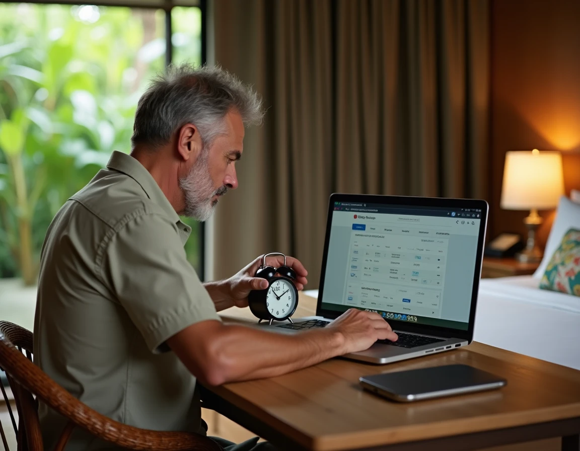 Voyageur ajustant une montre de voyage dans une chambre d'hôtel à Bali en consultant ses horaires de vol