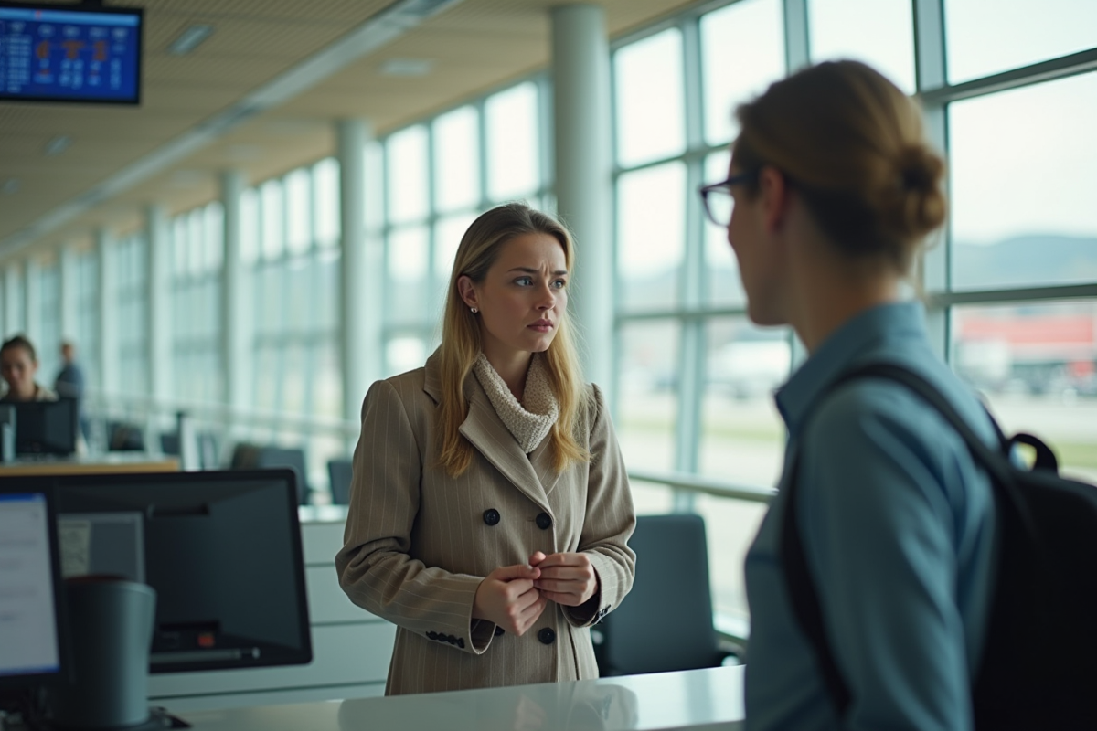 Voyageur inquiet expliquant sa situation à un agent aéroport