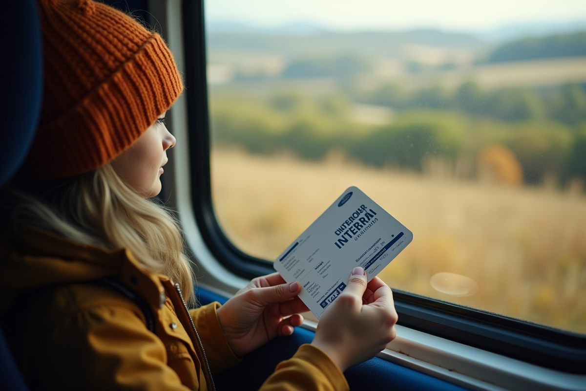 Jeune voyageur tenant un pass Interrail dans un train moderne