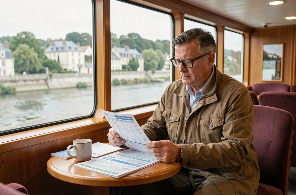 Voyageur solo consultant des itinéraires et tarifs de croisière dans le salon d'un bateau fluvial