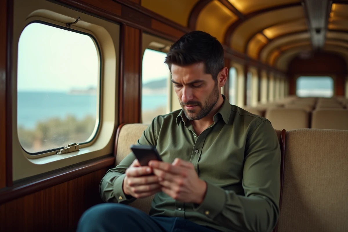 Voyageur consultant les horaires de la micheline corse sur smartphone à l'intérieur d'un wagon vintage