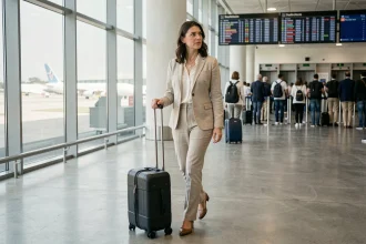 Femme avec valise cabine dans un terminal d'aéroport moderne, comparant les options de vol compagnies classiques et low-cost