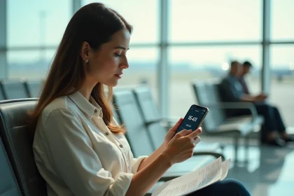 Voyageuse à l'aéroport consultant l'heure de Bali sur son smartphone avant un vol international