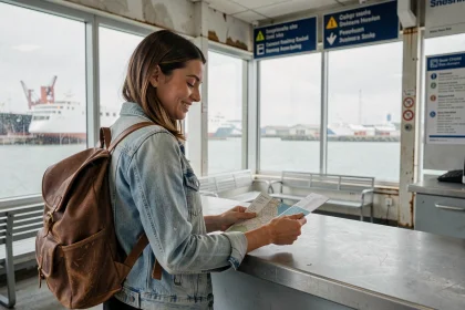 Jeune voyageuse française au comptoir d'embarquement d'un ferry pour l'Irlande, tenant ses billets et une carte routière
