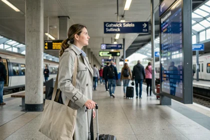 Voyageuse avec valise sur le quai de la gare de Londres Gatwick attendant un train vers le centre-ville