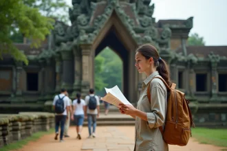 Voyageuse solo devant les temples d'Angkor Wat au Cambodge, consultant une carte papier avec un regard serein