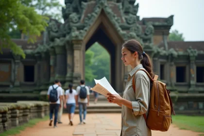Voyageuse solo devant les temples d'Angkor Wat au Cambodge, consultant une carte papier avec un regard serein
