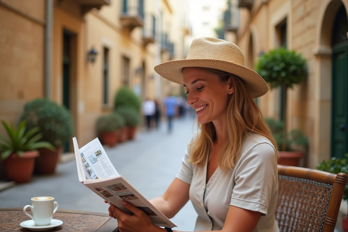 Femme voyageant seule à Mdina Malte en terrasse de café consultant un guide touristique hors saison