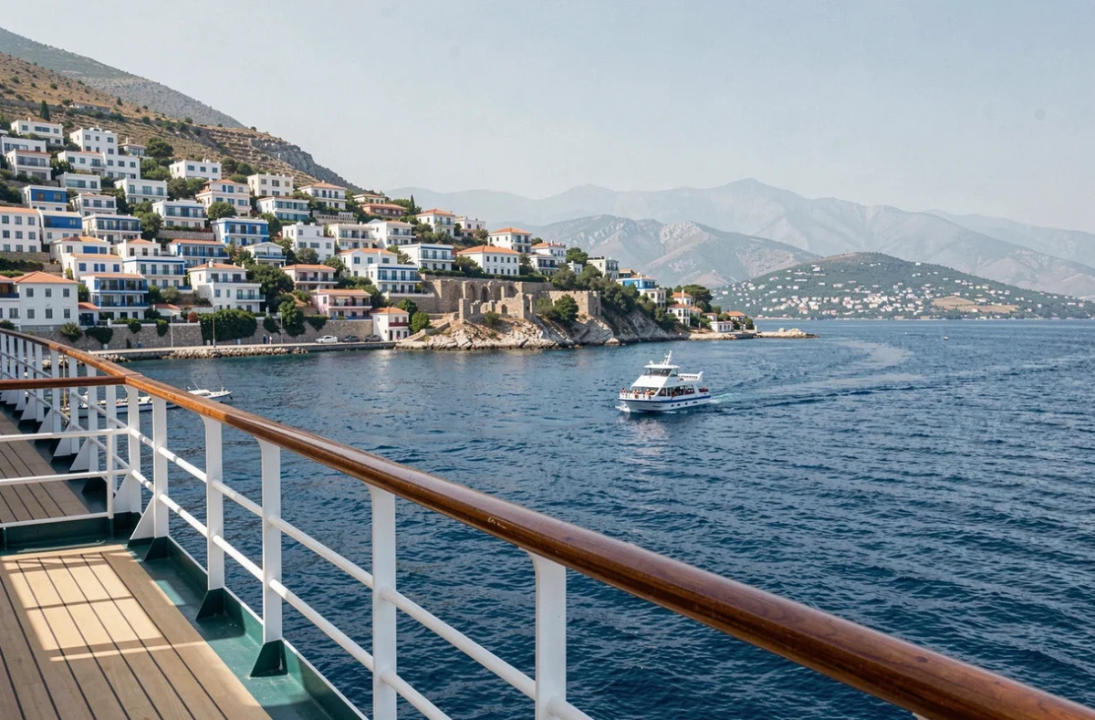 Vue panoramique depuis le pont d'un bateau de croisière ancré devant un village côtier turc